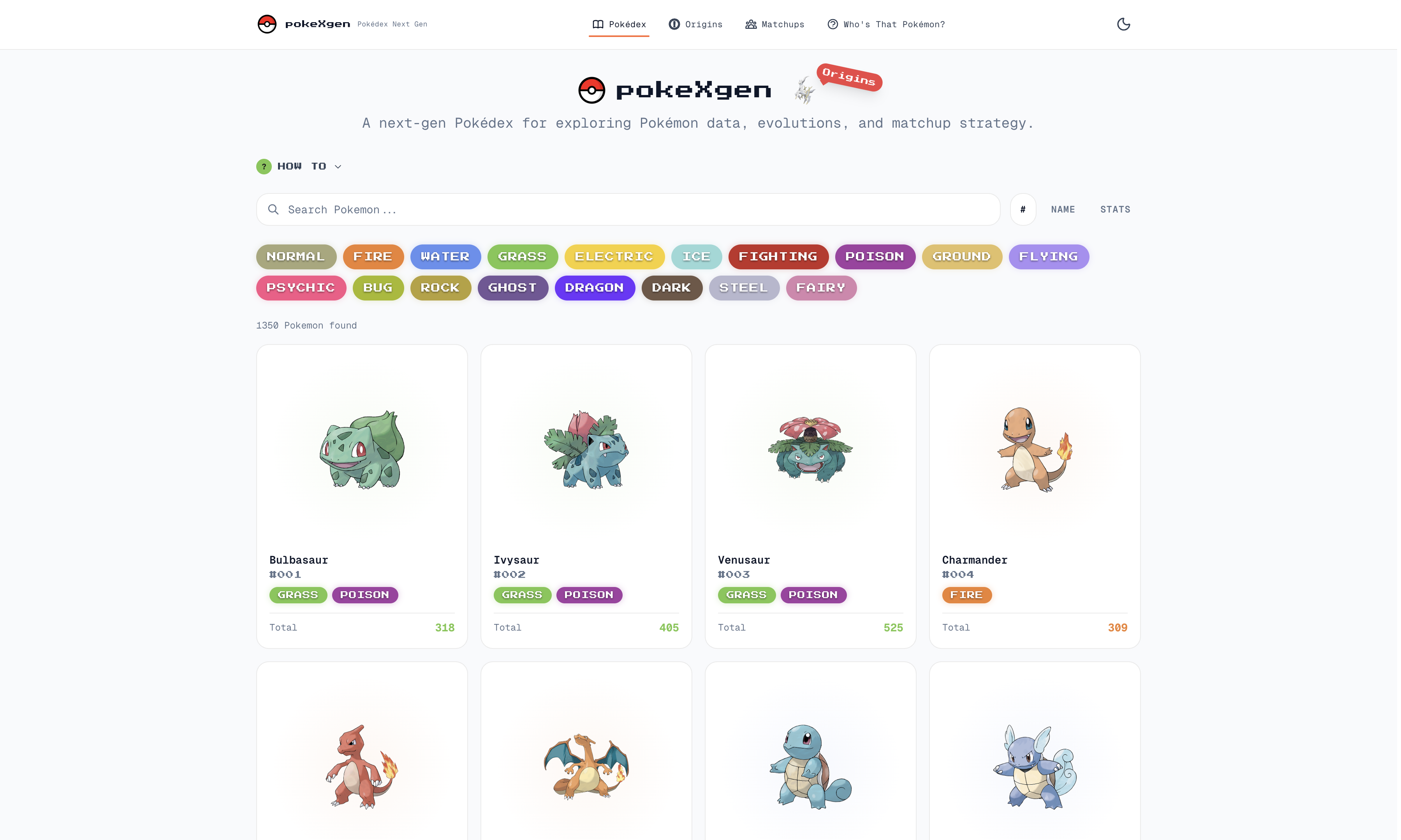 Pokédexgen search interface showing Pokémon and filters
